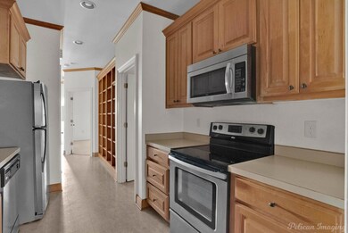 Kitchen with appliances with stainless steel finis
