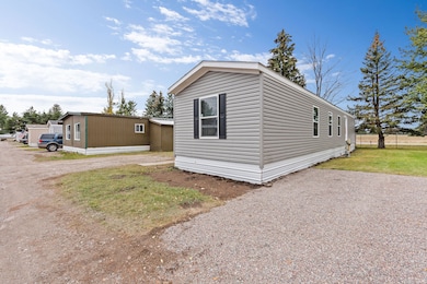 Side view showcasing the sharp Greystone siding, black shutters, and white skirting
