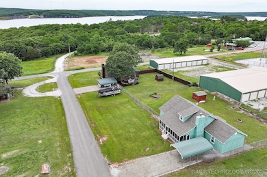 Aerial view of a large body of water and a heavily