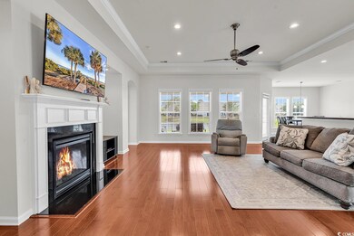 Living room featuring a ceiling fan, a tray ceiling, a glass covered fireplace, hardwood / wood-style flooring, and ornamental molding