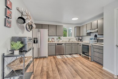 Kitchen with gray cabinetry, appliances with stainless steel finishes, light wood-style floors, and light countertops
