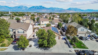Aerial view of residential area with a mountain backdrop
