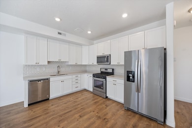 Kitchen with stainless steel appliances, white cabinetry, dark wood-style floors, tasteful backsplash, and recessed lighting