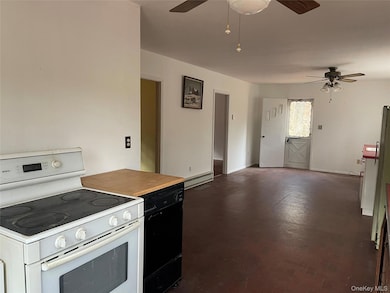 Kitchen featuring electric stove, wood counters, and a baseboard radiator