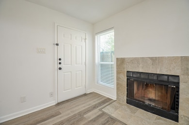 View of fireplace and entrance.