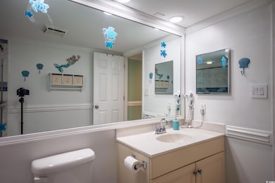 Bathroom featuring vanity and ornamental molding