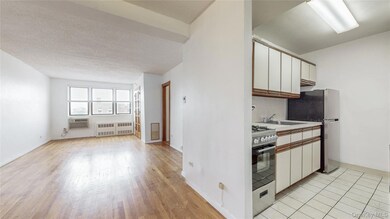 Kitchen with appliances with stainless steel finishes, radiator, light wood-type flooring, white cabinetry, and a textured ceiling