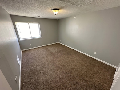 Carpeted spare room with a textured ceiling