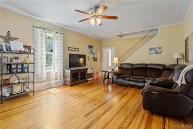 Living room with crown molding, ceiling fan, a tex