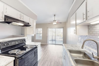 Kitchen with sink, decorative backsplash, black ra