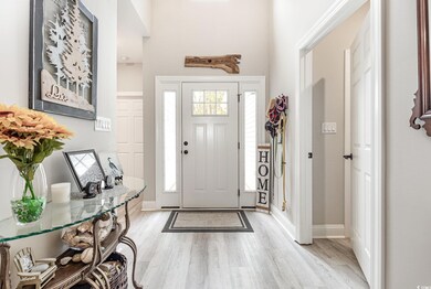 Foyer entrance with baseboards and light wood-type