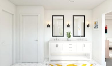 Primary features freestanding vanity with dual sinks