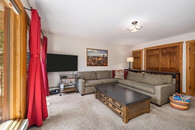 Carpeted living room with baseboard heating and pl