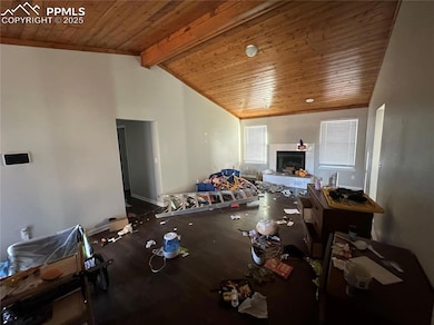 Living area featuring high vaulted ceiling, wooden