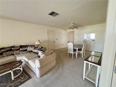 Carpeted living area with ceiling fan, a textured
