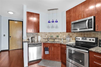 Kitchen with stainless steel appliances, a sink, hardwood / wood-style floors, and backsplash