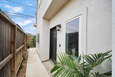 This photo shows a narrow side pathway of a home f