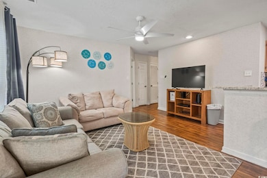 Living room with dark hardwood / wood-style floors