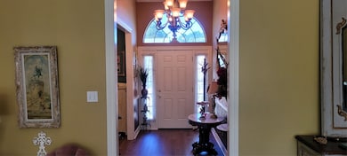 Entrance foyer with a chandelier and dark wood-type flooring