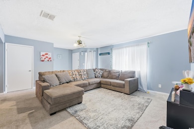 Living room with carpet and a textured ceiling