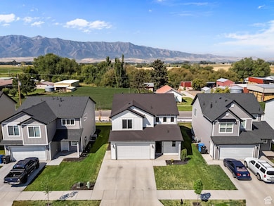 Aerial perspective of suburban area featuring a mountain backdrop