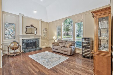 Living room featuring high vaulted ceiling, wine cooler, dark hardwood / wood-style floors, and a fireplace