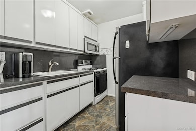 Kitchen with stainless steel appliances, a sink, dark stone finish flooring, dark countertops, and white cabinetry