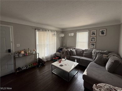 Living room featuring wood finished floors and a textured ceiling