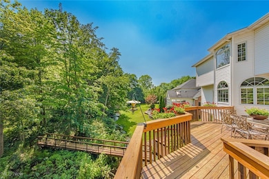 This deck is accessed from the kitchen. View of the bridge leading to back of the property