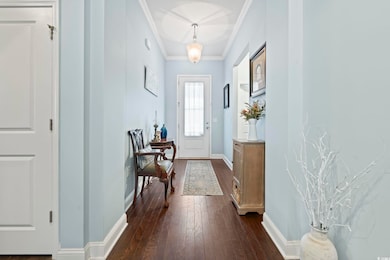 Entrance foyer featuring dark wood-style floors, crown molding, and baseboards