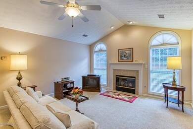Great room with vaulted ceiling and ceiling fan
