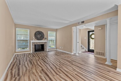 Fireplace in the large open living area.