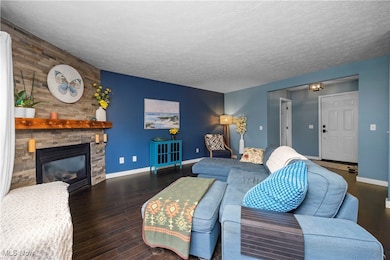 Living area featuring dark wood finished floors, a textured ceiling, and a stone fireplace