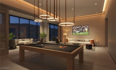 Rec room with wood finished floors, a mountain vie
