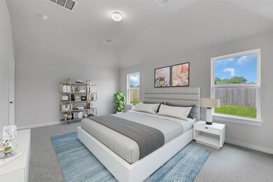 What a wonderful place to come home to, this stunning primary suite greets you with plush carpet, warm custom paint, high ceiling, large windows allowing in natural light brightening up this spacious primary bedroom, with enough space for a seating area.