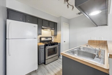 Kitchen with freestanding refrigerator, stainless