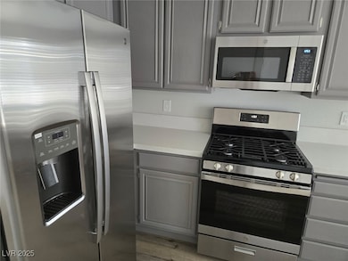 Kitchen with stainless steel appliances, gray cabi