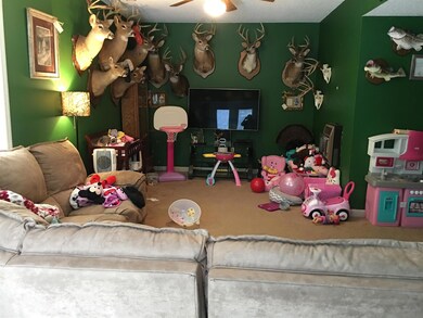 Large basement level family room with full bath and utility room on hallway to kitchen
