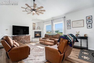 Living room featuring a glass covered fireplace, wood finished floors, vaulted ceiling, and a ceiling fan