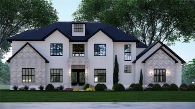 View of front of property featuring a front lawn, stone siding, and brick siding