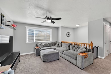 Living room featuring light colored carpet, a textured ceiling, and a ceiling fan