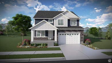 Craftsman inspired home with a front lawn, driveway, stone siding, a garage, and covered porch