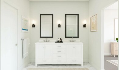 Primary bath with freestanding vanity and chrome fixtures