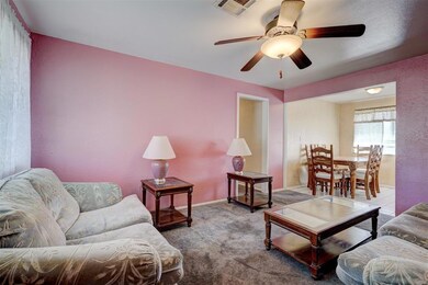 Carpeted living room with ceiling fan