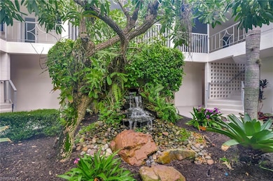 Lush foliage, orchids, and burbling water feature 
