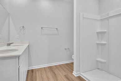 Bathroom with laminate flooring, dual vanity, walk