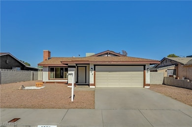 Single story home with a garage, concrete driveway, a chimney, stucco siding, and a shingled roof