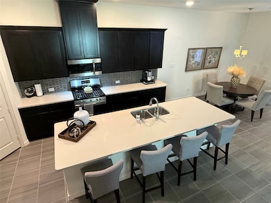 Kitchen featuring dark cabinets, stainless steel appliances, decorative backsplash, and a kitchen island with sink