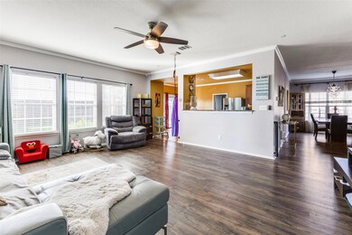Living area featuring crown molding, ceiling fan,