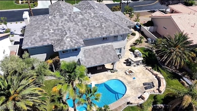 View from above of property with a pool area